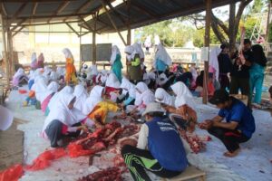 Suasana Santriwati PMDG Putri Kampus 5 Saat Memotong-motong Daging Hewan Kurban yang Baru Saja Disembelih